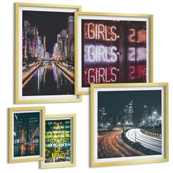 BILDER SET 5er Set - 50x50 cm & 20x30 cm & 40x60 cm Goldrahmen - Neonreklamen in der Stadt bei Nacht
