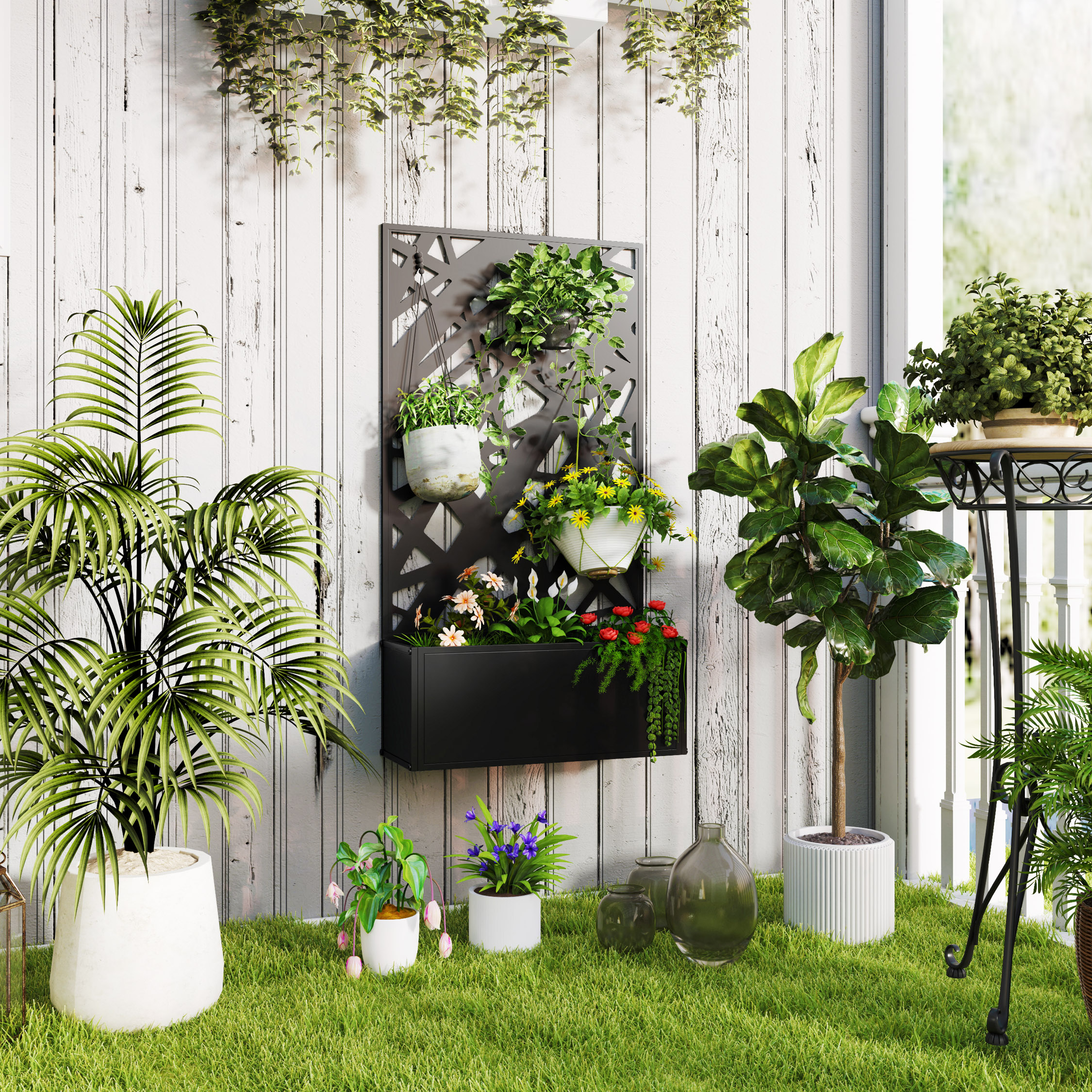 Outsunny Fioriera Rialzata con Spalliera Decorativa per Rampicanti da Terra e Parete, 61x23x113 cm, Nero