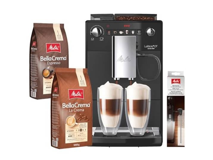 Melitta Latticia OT Kaffeevollautomat Schwarz, Genuss-Set mit Milchlanze, 1 kg BellaCrema LaCrema, 1 kg BellaCrema Espresso