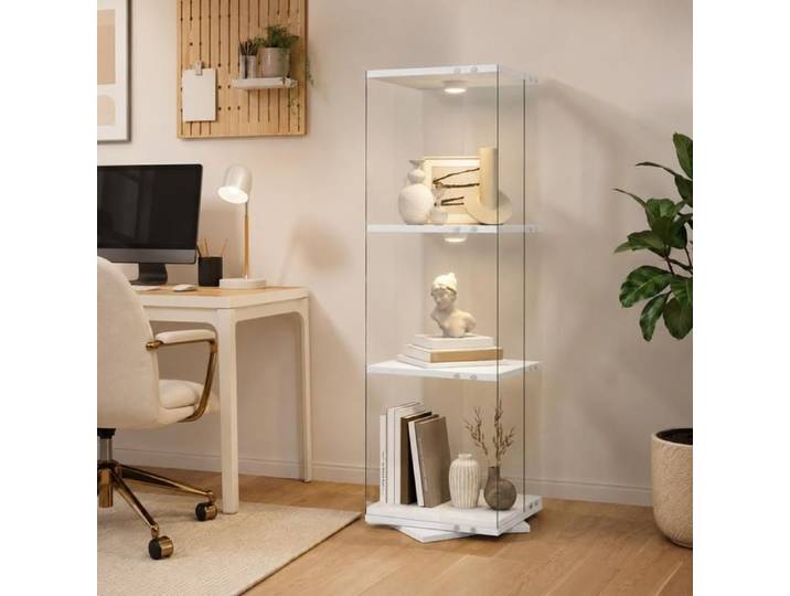 Vitrine Rotative 360° avec Éclairage LED Vitrine en Verre avec 3 Étagères Vitrine sur pied Anti-basculement Blanc