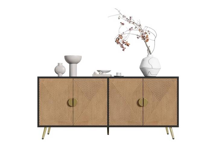 Ropilly Sideboard 160 cm mit Vier Türen Schwarz Holzoptik Soft-Close und goldene Akzente für ruhige Nutzung und eleganten Look