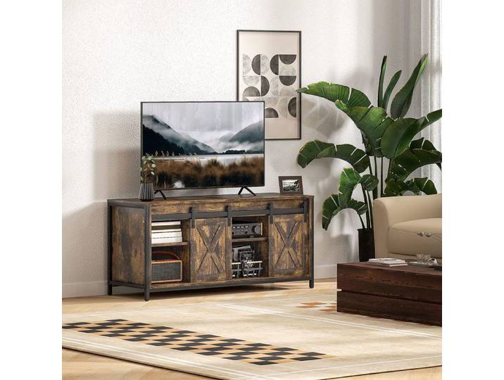 Meuble TV bas - PAGE LIVING - design industriel - 120 cm - 6 compartiments - 2 portes coulissantes - TV jusqu'à 60 pouces