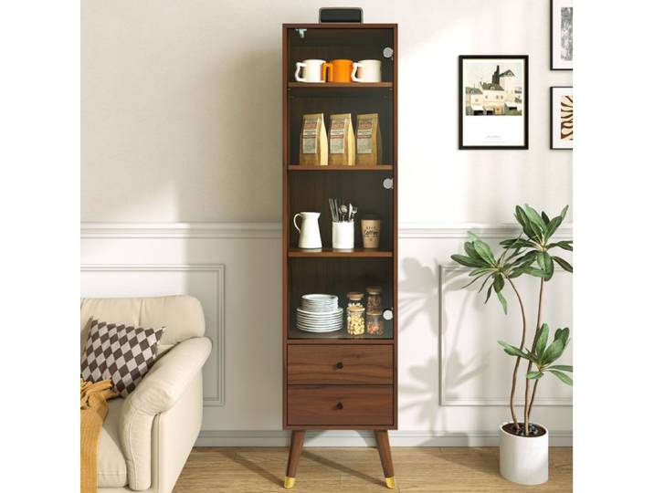 Vitrine haute IVMEU avec porte vitrée 3 étagères réglables 2 tiroirs aspect bois noyer