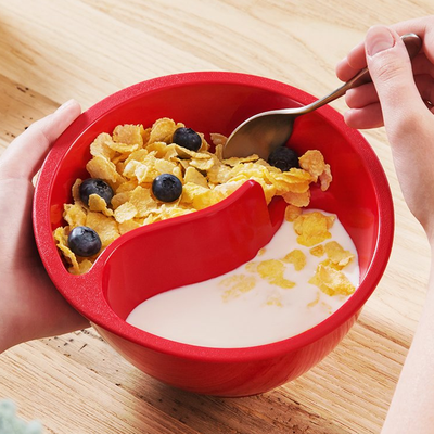 KitchenCuration Anti Soggy Spiral Slide Cereal Bowl Reusable Snack & Dip Plate, Separated Oatmeal & Breakfast Tray Red