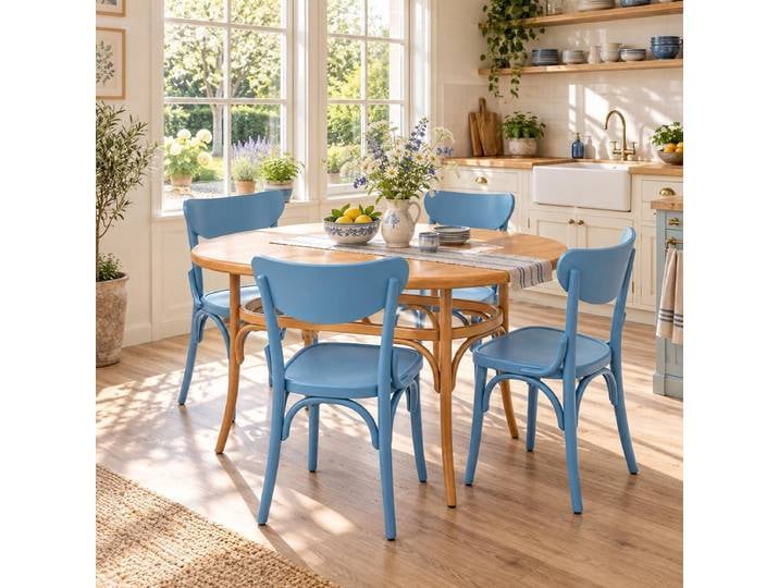 5-teiliges Esszimmer-Set Buche Natur & Pastellblau