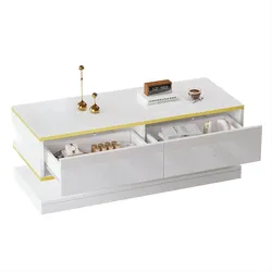 OKWISH Couchtisch 100x50x38 cm Hochglanz Warmweiß mit Goldrand, 2 Schubladen, einzigartige Form,robustes Spanplattenmaterial, stilvoll, modern für Wohnzimmer