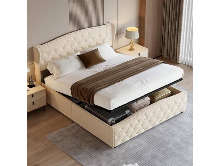 Lit rembourré velours 140x200cm lit double adulte avec sommier à lattes et tête de lit beige