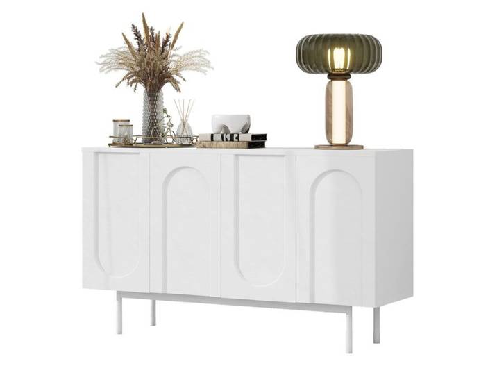 Buffet blanc design moderne porte cintrée étagères réglables meuble de rangement avec pieds métal – salon salle à manger