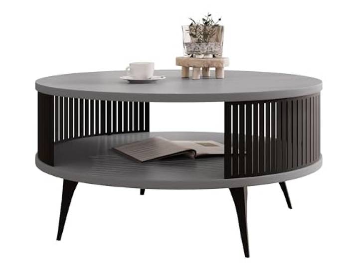 Mirjan24 Couchtisch Rajkon, runde Form (Hellgrau, Schwarz) Moderner Wohnzimmertisch mit praktischer Ablage, stabilem Stahlgestell und pflegeleichter Oberfläche
