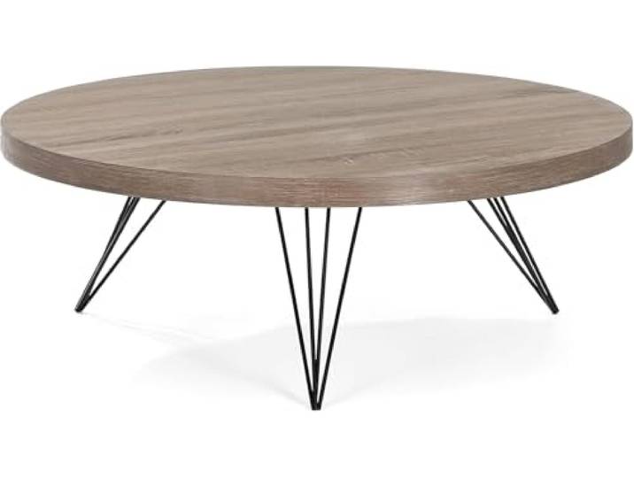 Wohnando Couchtisch Rund 90 cm - Holz Eichenoptik & Metallbeine Runder Wohnzimmertisch 90x90x32 cm, Industrial Design, schwarze Hairpin-Beine, pflegeleichte Oberfläche
