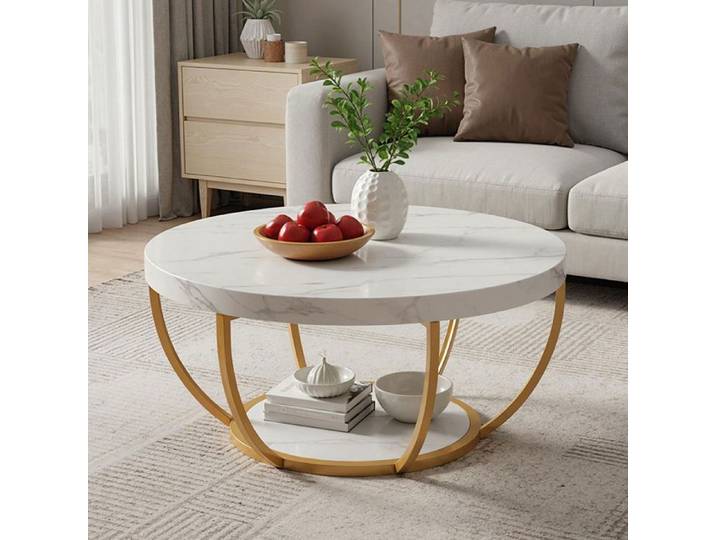 Table basse ronde moderne à 2 niveaux 80x 80x45cm faux marbre blanc et pieds en métal doré table centrale circulaire