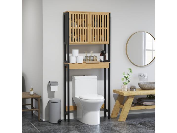 HOMCOM Étagère WC Bambou avec Placard 2 Portes