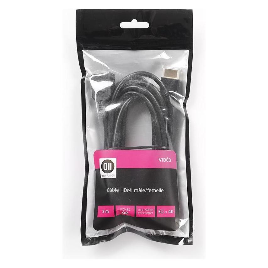 D2 Diffusion Rallonge HDMI m le/femelle 3m noir, plaqué or, 4K, AWG 30 vendu en SACHET (3 m) (D2RALHDMI300SACH)