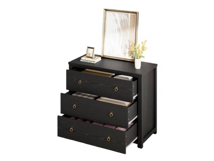 GarveeLife Kommode Sideboard 3 Schubladen goldfarbene Ringgriffe Schwarz Holzdekor-Oberfläche, bis 80″ TV geeignet, 80x40x74 cm