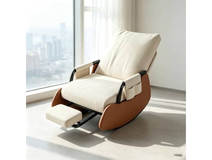 Polstersessel Schaukelnd mit Breiter 60cm Sitzfläche Ergonomischer Schaukelstuhl mit ausziehbarer Fußstütze und Seitentasche für tägliche Entspannung.