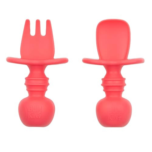 Bumkins Chewtensils Siliconen Baby Bestekset - Lepel en Vork - Rood