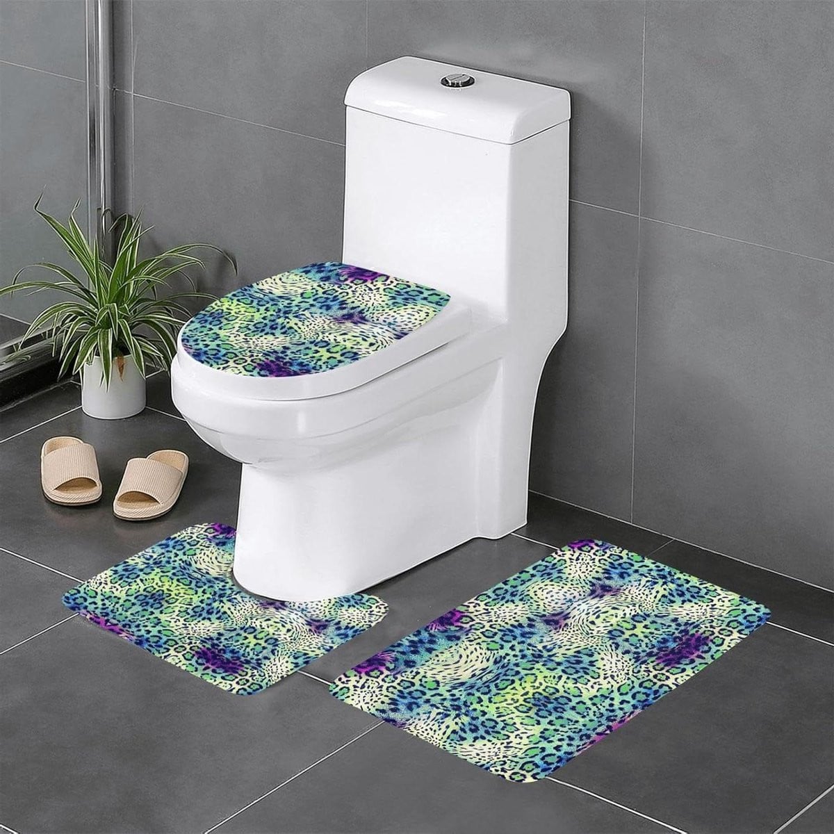 Set van 3 waterabsorberende badkamertapijten met antislip, Groen Luipaard, 60 x 40 cm