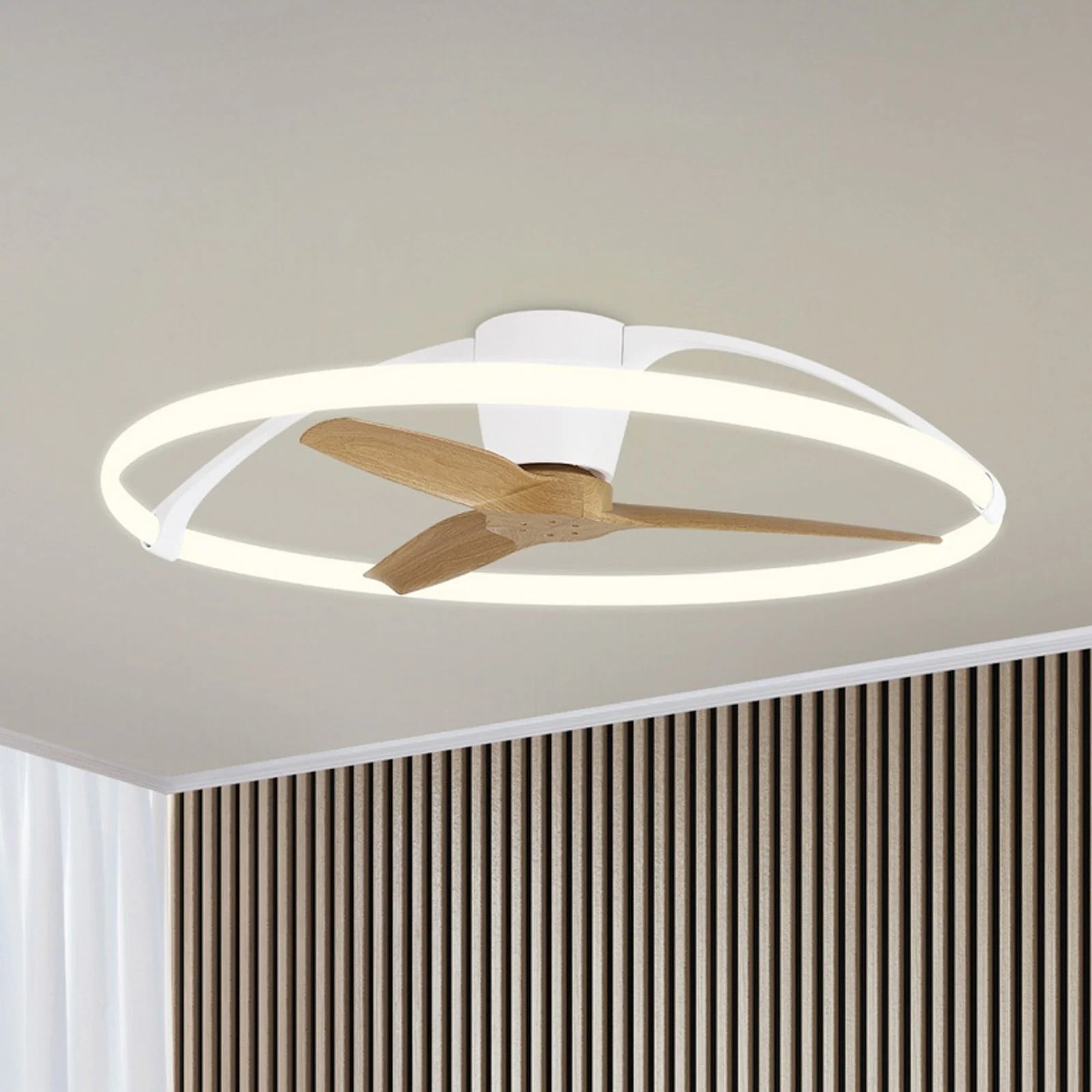 Mantra Iluminación Nepal Smart LED plafondventilator, wit/beuken, DC, modern metaal ring design