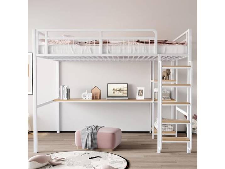 Ball & Cast Metall-Hochbett 140 * 200 cm, Sicherheitsleiter mit Treppe, Kinderbett mit Tisch und Regal, Jugendbett Erwachsenenbett, Metallgitter-Sicherheitszaun, Weiß