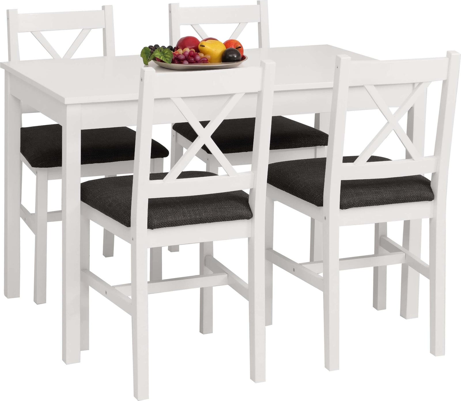 Mendler Eetkamer set HWC-F77 met massief dennenhouten tafel en zwarte stoffen stoelen, wit