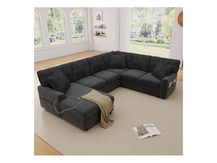 STILVORA Ecksofa Modulares Sofa mit USB- und Type-C-Anschluss Loungesofa mit 3 Kissen, Chenille- & Breitkordbezug, USB, Type-C, 3 Kissen, bequem, für Wohnzimmer, Familienzimmer, Apartment, Gästebereich