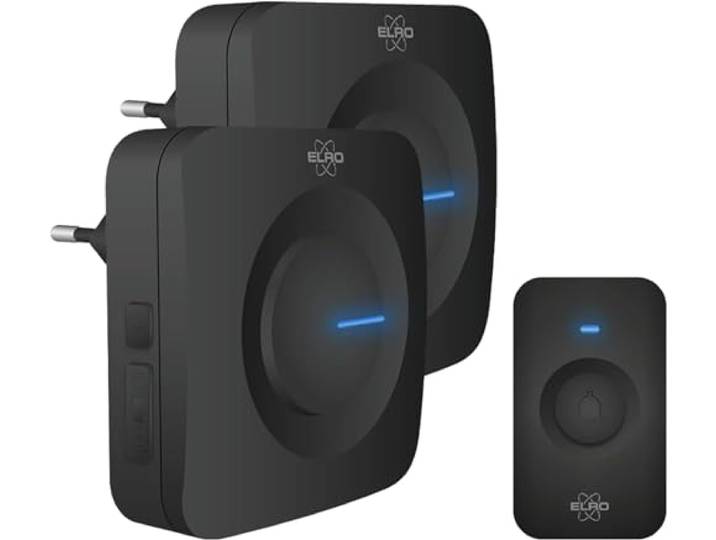 ELRO DB3000 Sonnette de Porte sans Fil - avec 2X Récepteur Plug-in - sans Batterie - 64 Mélodies - Distance sans Fil : 300m - Noir