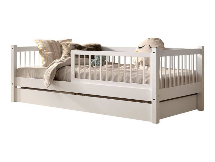 58 aufm Kessel Kinderbett Kojenbett 90x200 Keeley Buche Kinderbett Weiß Massivholz Schublade (inkl. Versand, Lieferung bis Verwendungsstelle), Rausfallschutz und Bettschublade für Sicherheit und extra Schlafplatz
