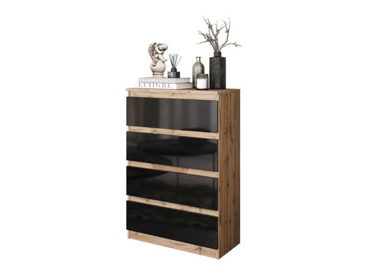GABRIEL - Commode 4 Tiroirs - Table de Chevet Buffet - H92cm L60cm P33cm (Chêne Wotan / Noir Brilliant)