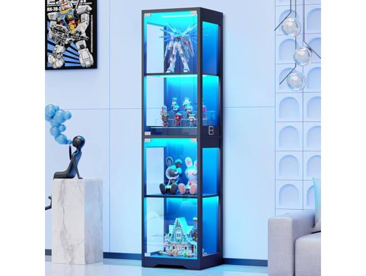 BROTTAR Glasvitrine mit Dreifarbig LED Beleuchtung und Glastüren, Glasvitrine Stehend mit Körpersensor-System, Sammlervitrine für Wohnzimmer, Büro, Bücher, Spielzimmer, Schwarz (40 x 35 x 160cm)
