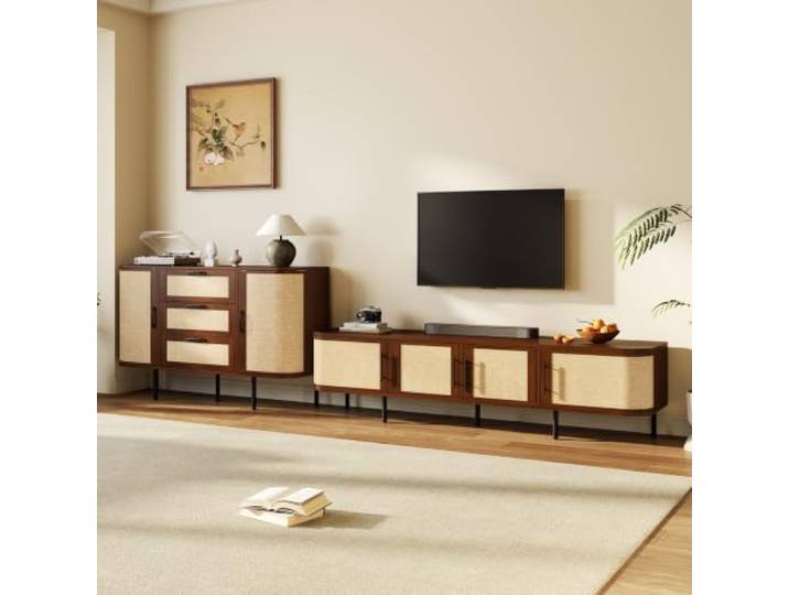 BXEYXE Wohnwand Set TV-Lowboard & Sideboard mit Geflechtfront, MDF-Korpus, schwarzen Griffen und Metallfüßen – modernes Wohnzimmermöbel Set