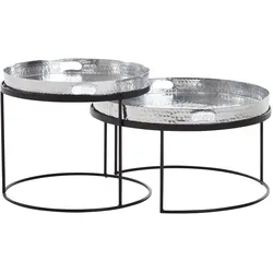 COUCHTISCH 2er Set Metall Rund Hammerschlag Abnehmbares Tablett, Silbern 56x56x33 cm