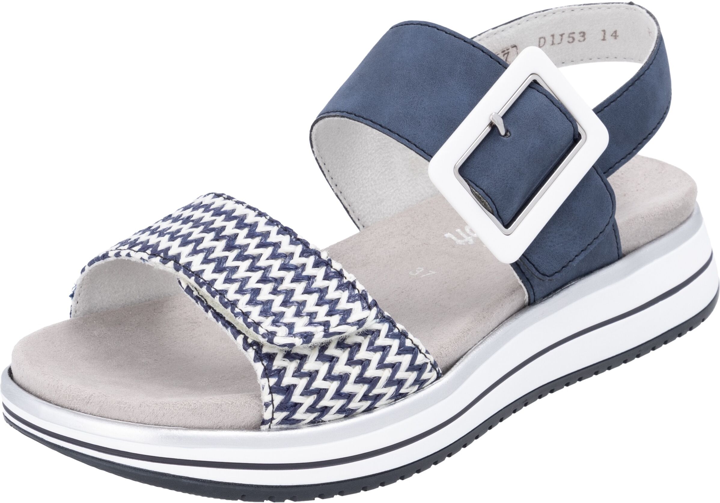 Keilsandalette REMONTE "ELLE-Collection", Damen, Gr. 45, Textil, blau (dunkelblau, weiß), Lederimitat, Textil, Schuhe Keilsandalette, Sommerschuh, Sandale, Komfortschuh mit praktischen Klettverschlüssen