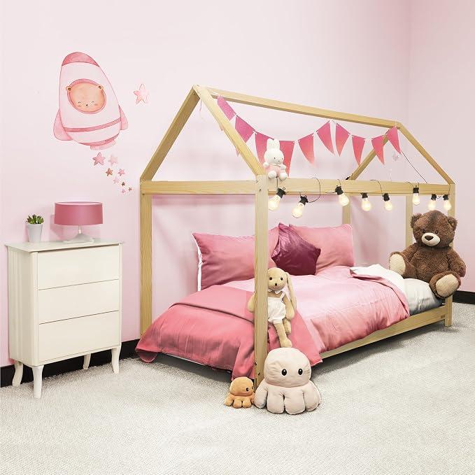 Hausbett 90x200 - Kinderbett Haus aus Kiefernholz - Kinder Bett 90x200cm mit Lattenrost für Jungen & Mädchen - Haus Bett Leicht zu Montieren - Unterstützt Kreativität