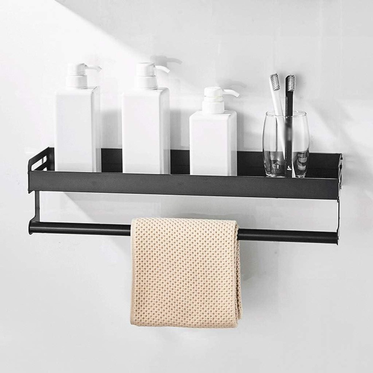 Zwarte wandplank opbergmand voor badkamer of keuken, 30 cm