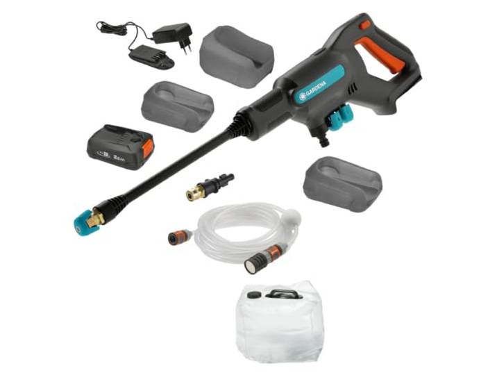Gardena Nettoyeur moyenne pression sans fil AquaClean 24/18V P4A\, kit Premium: Nettoyeur sans fil avec équipement complet\, 3 niveaux de nettoyage\, pression max. 24 bars\, batterie+chargeur (14800-31)