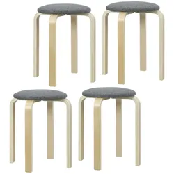 OKWISH Stapelhocker 4er-Set aus Holz, grau, mit gepolstertem Sitz in Leinenoptik, stapelbar, 40x40x45 cm