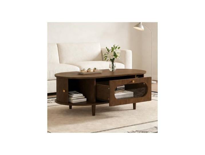 Table Basse Ovale 100x50x36 cm Avec 1 Tiroir 2 Portes à Rouleau MDF Couleur Noyer