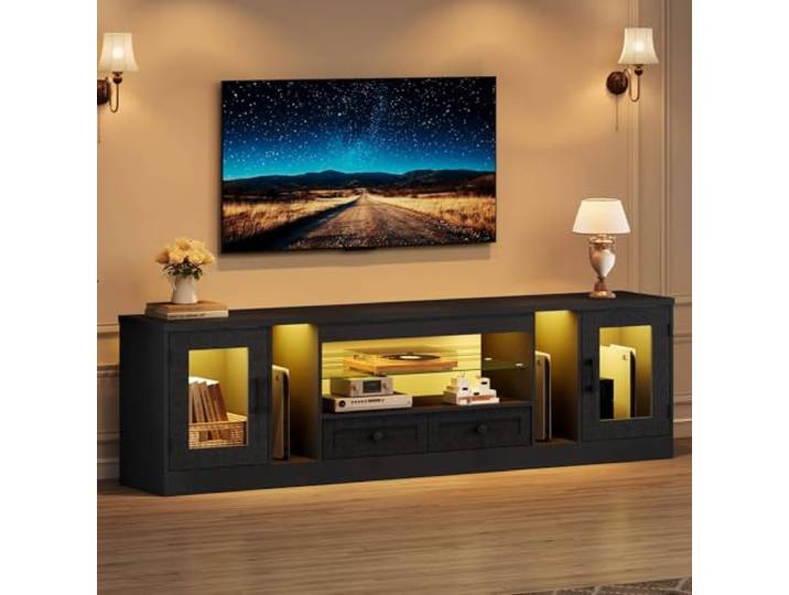 Dripex 180 cm TV-Schrank mit Schubladen & Beleuchtung, Lowboard für 55–65 Zoll Fernseher, verstellbares Glasregal, Wohnzimmer/Schlafzimmer, Schwarz