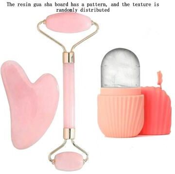 Uplifted Finds 3 Piece Facial Skincare Ice Roller & Gua Sha Contour Set pink