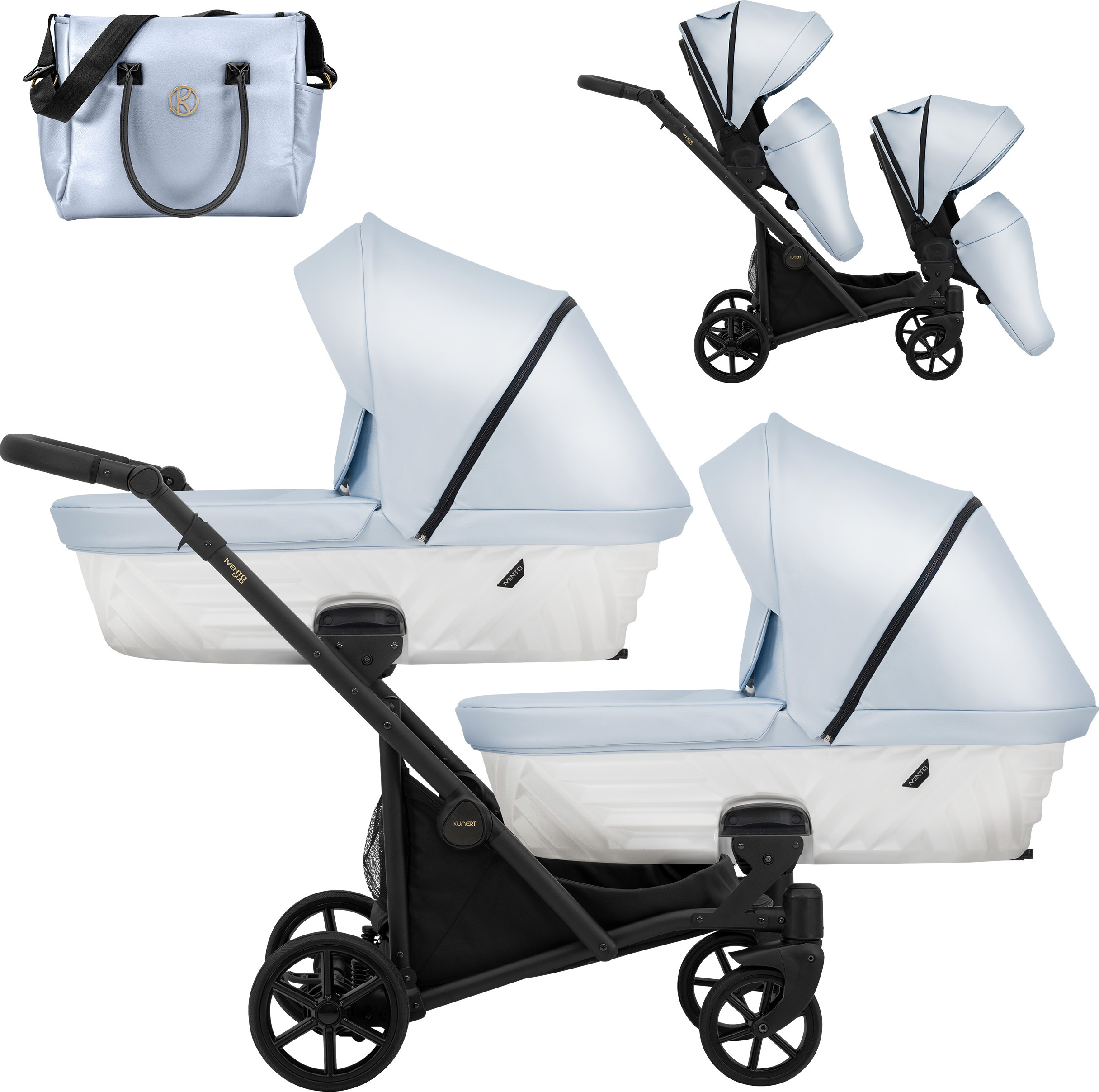 Kunert Ivento Duo 2in1 Zwillingswagen - schwarzes Gestell - Farbe: Eco Baby Blau