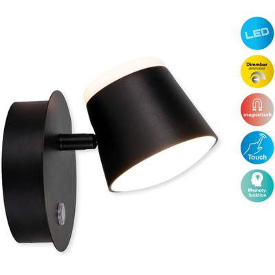NÄVE LED Wandleuchte "Tondo", schwarz, 1, Ø 8,4cm H: 12cm, 1 Stk., Leuchten, magnetisch, Akku Aufladung per USB-C Kabel, dimmbar per touch, Memory, LED Wandleuchte