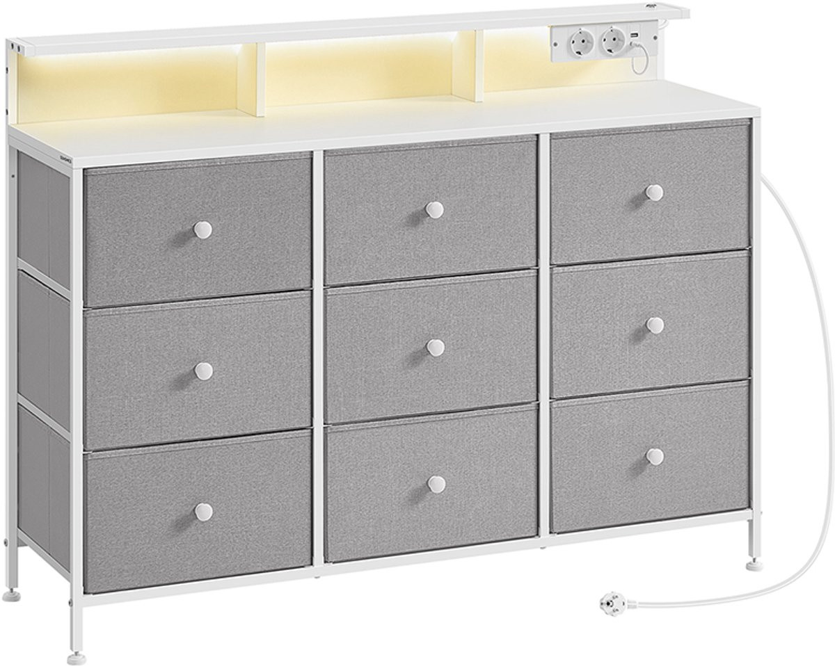 Woon Wereld Ladekast met 9 Lades en LED-verlichting Duifgrijs Modern