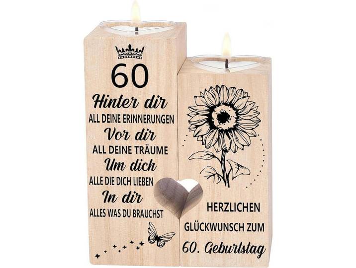 Kerzenständer 60. Geburtstag Holz 10 x 4,5 x 12 cm, Hellbraun, 12 cm, Dekoration, Kerzen & Kerzenhalter, Teelichthalter