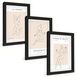 BILDER SET 3er Set - 20x30 cm Schwarzer Rahmen - Poster mit minimalistischen Frauensilhouetten