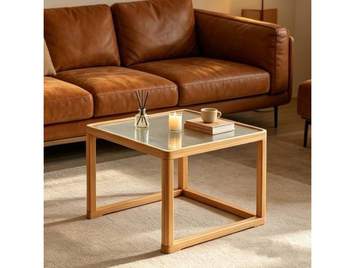 EBOYNSowAprr Couchtisch aus handgeflochtenem Rohr und gehärtetem Glas Moderner Rattan-Mitteltisch, Minimalistische quadratische Satztische für kleine Wohnungen(B19.7x15.7in)