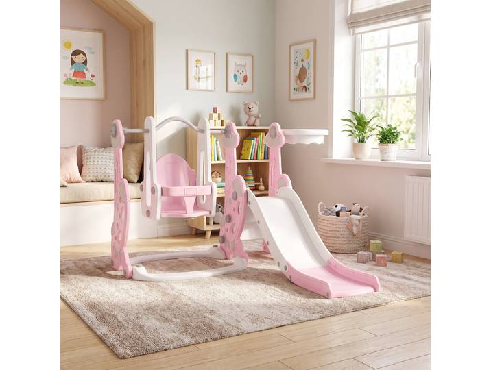 AIYAPLAY Toboggan 4en1 Enfant Balançoire Panier Rose 18-48 Mois