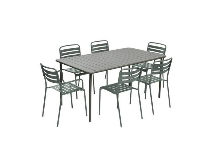 Table de jardin métal + 6 assises kaki. acier traitement anti rouille