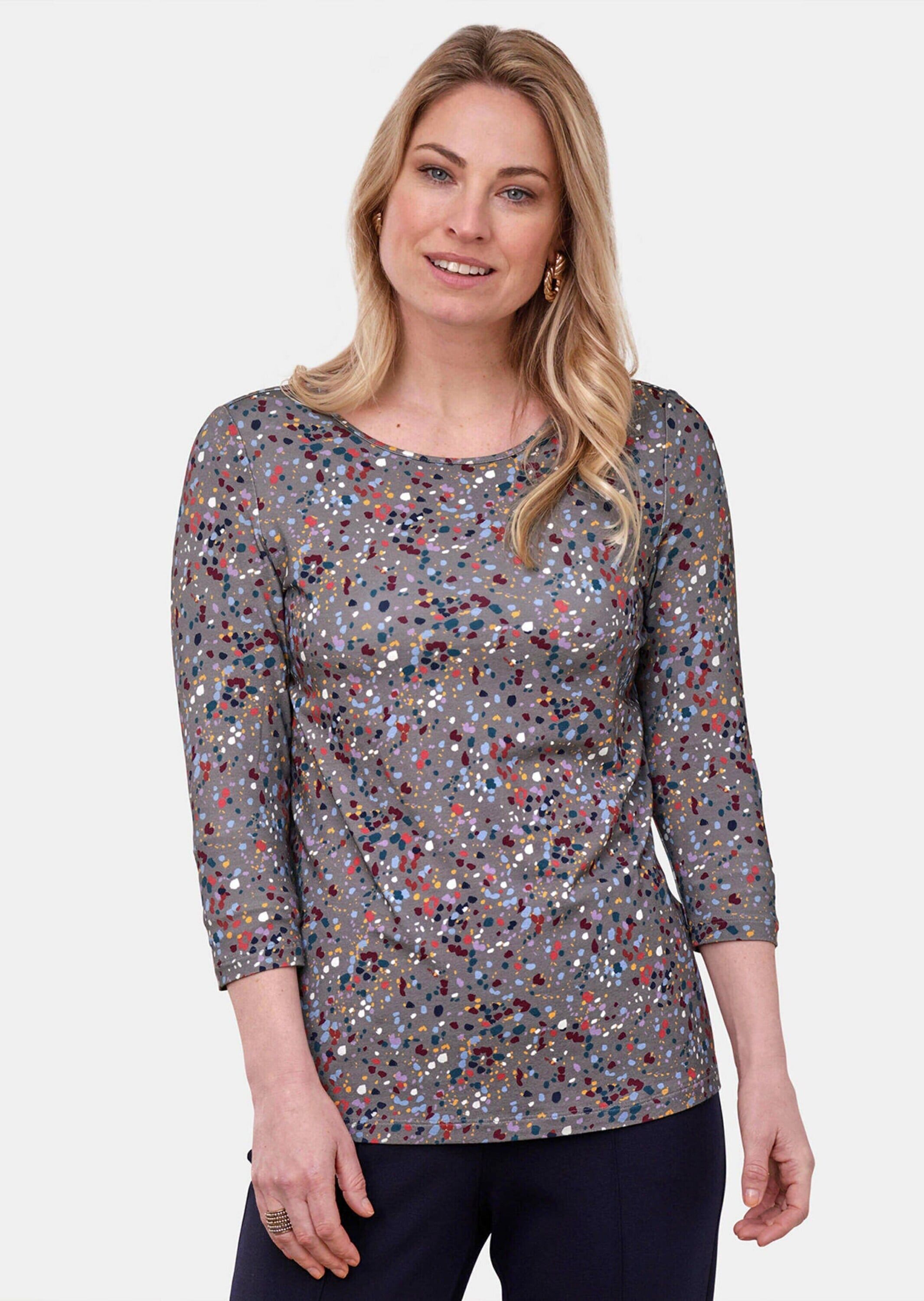 Print-Shirt GOLDNER "Kombinierfreundlich gemustertes Shirt", Damen, Gr. 38, bunt (bunt, getupft), Obermaterial: 95% Viskose CV. 5% Elasthan EL., Tubular, Shirts Print-Shirt, Effektvoller Multicolordruck