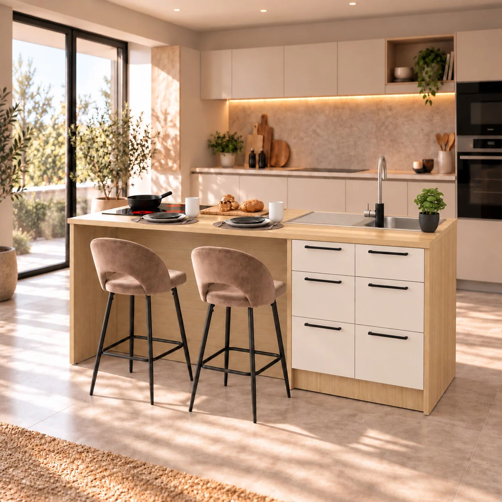 garneroarredamenti Isola cucina 200x103cm 4 ante 6 cassetti beige cashmere rovere Dresda