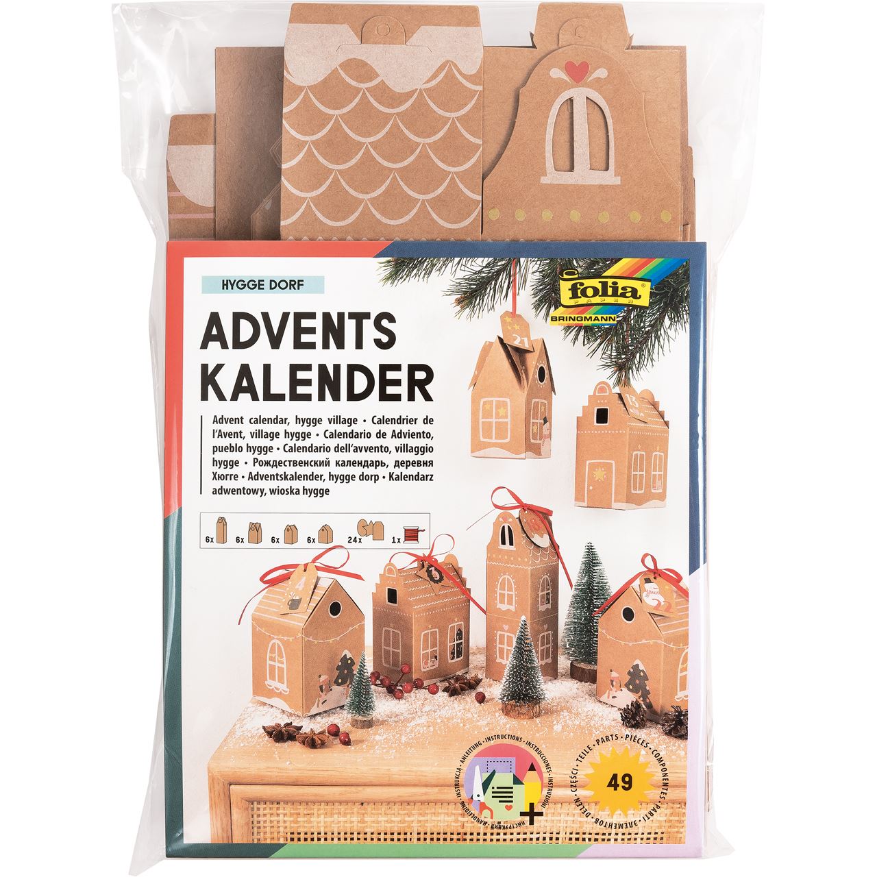 folia Adventskalender Hygge Dorf natur, weiß, rot
